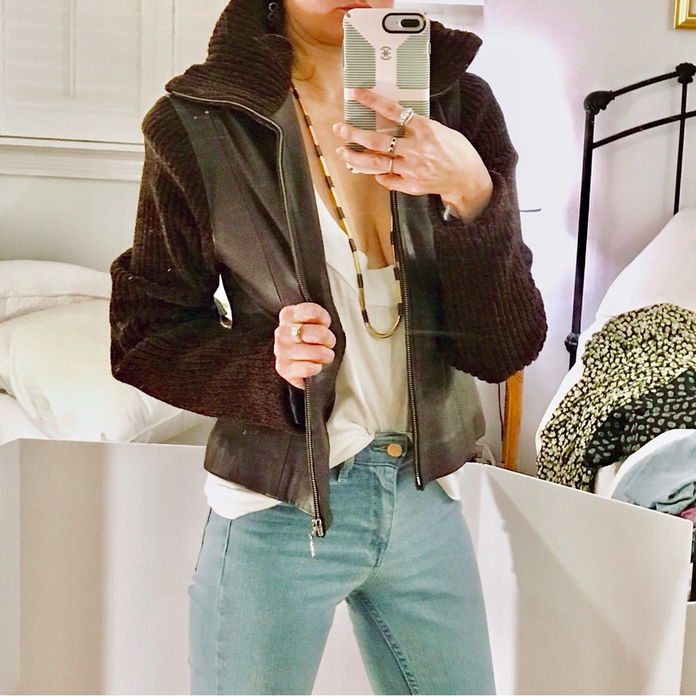 VERSACE | VINTAGE 80’s Brown Leather Jacket w/ Velour Sleeves & Popped Collar